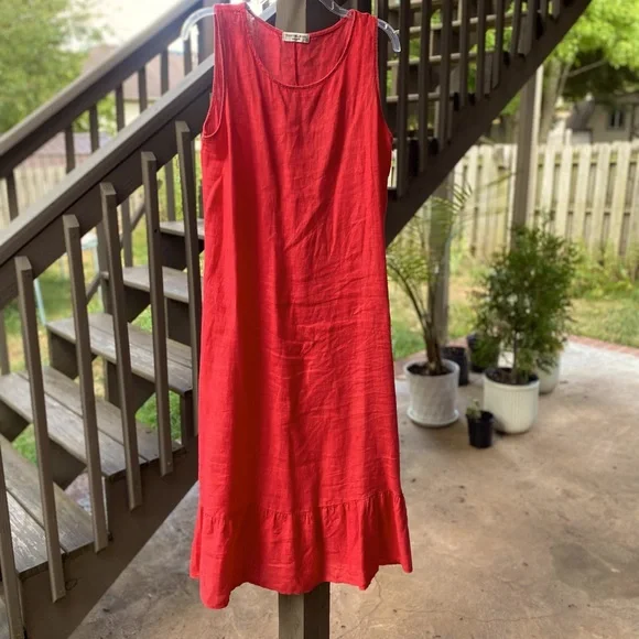 terzo millennio linen dress Terzo Millennio 100% Linen Maxi Dress Coral Red Boho Coastal Made in Italy Sz S